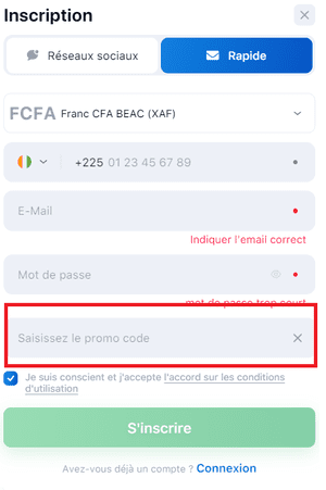 Code Promo dans l'Application 1Win au Mali